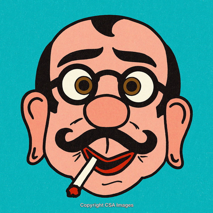 Colorful Cartoon Illustration of Character With Glasses and Mustache on Blue Background