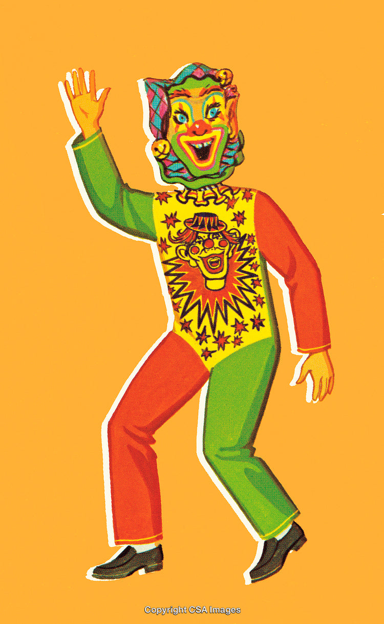 Colorful Clown Costume Illustration on Vibrant Background Displaying Joyful Expression