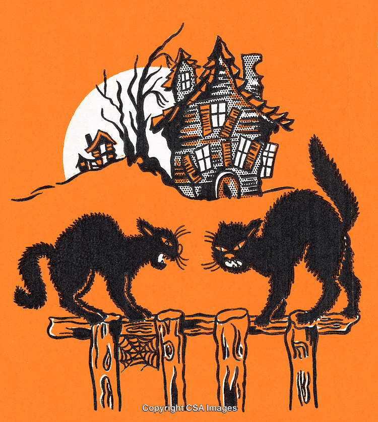 Halloween Scene with Black Cats and Haunted House Under Moonlight