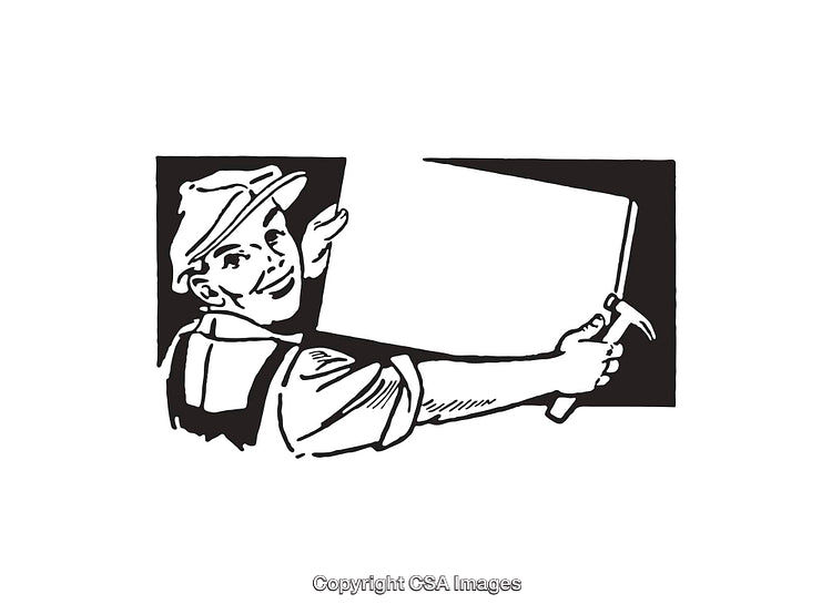 Vintage Black-and-White Worker Illustration Displaying a Blank Sign