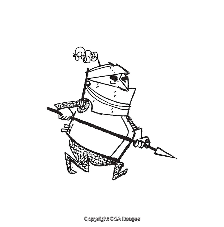 Cartoon Knight Character Sketch With Lance in Black and White Line Art