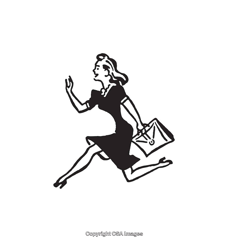 Vintage Line Art of Woman Rushing with Briefcase