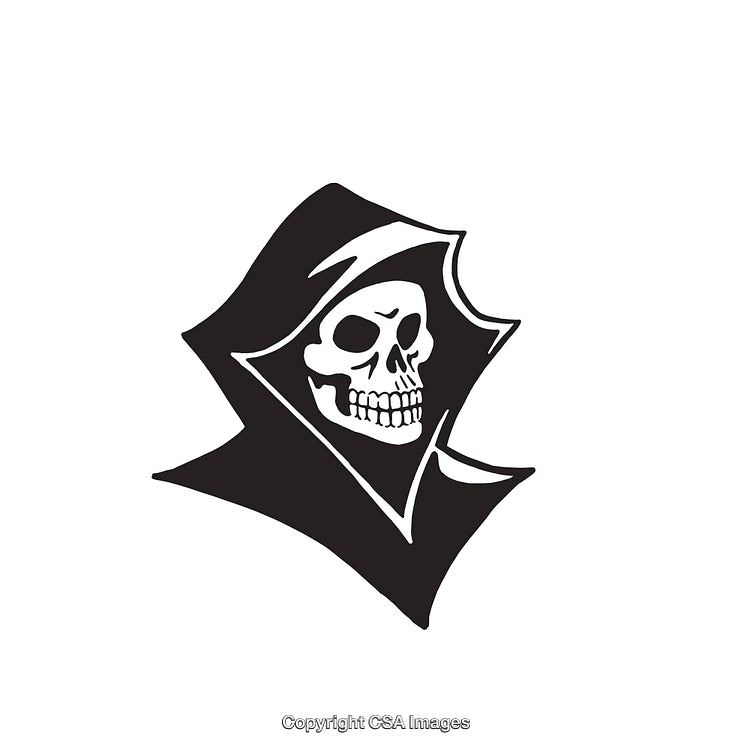 Stylized Black and White Illustration of a Hooded Skull