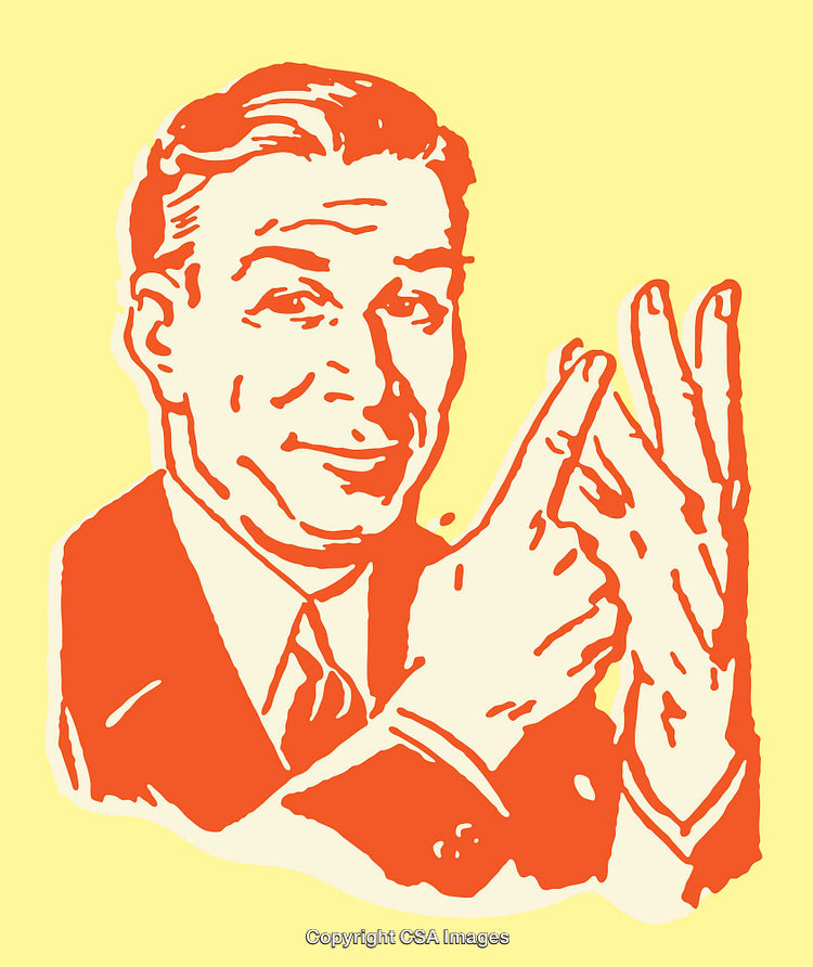 Retro Style Line Art Illustration of a Smiling Man Gesturing Confidently