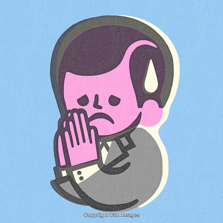 Worried Man Cartoon Illustration in Thoughtful Prayer Gesture with Sweat