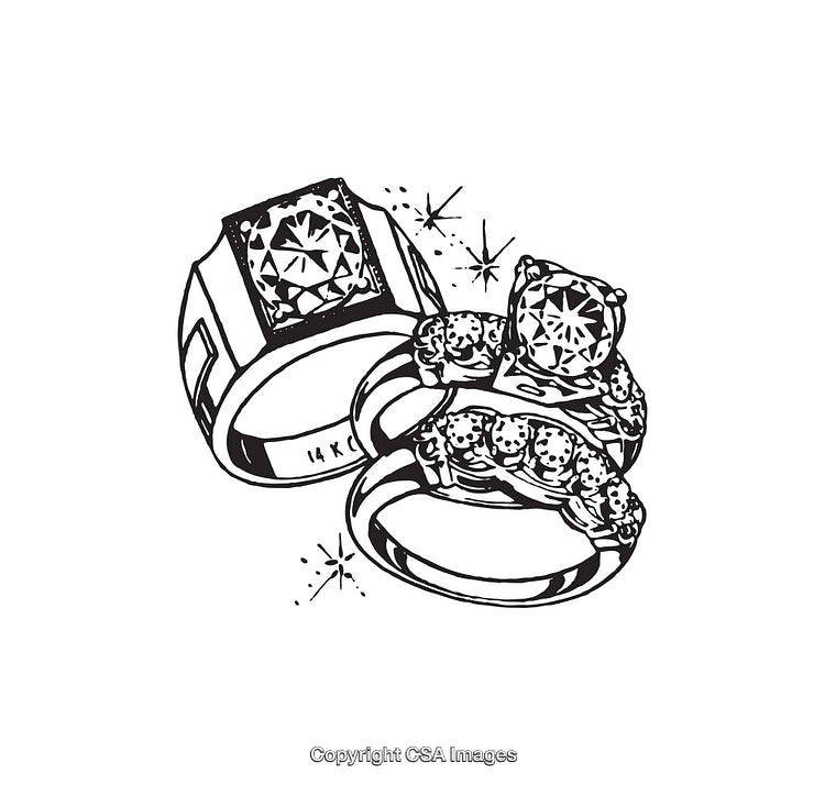 Black and White Line Art Illustrations of Elegant Diamond Rings