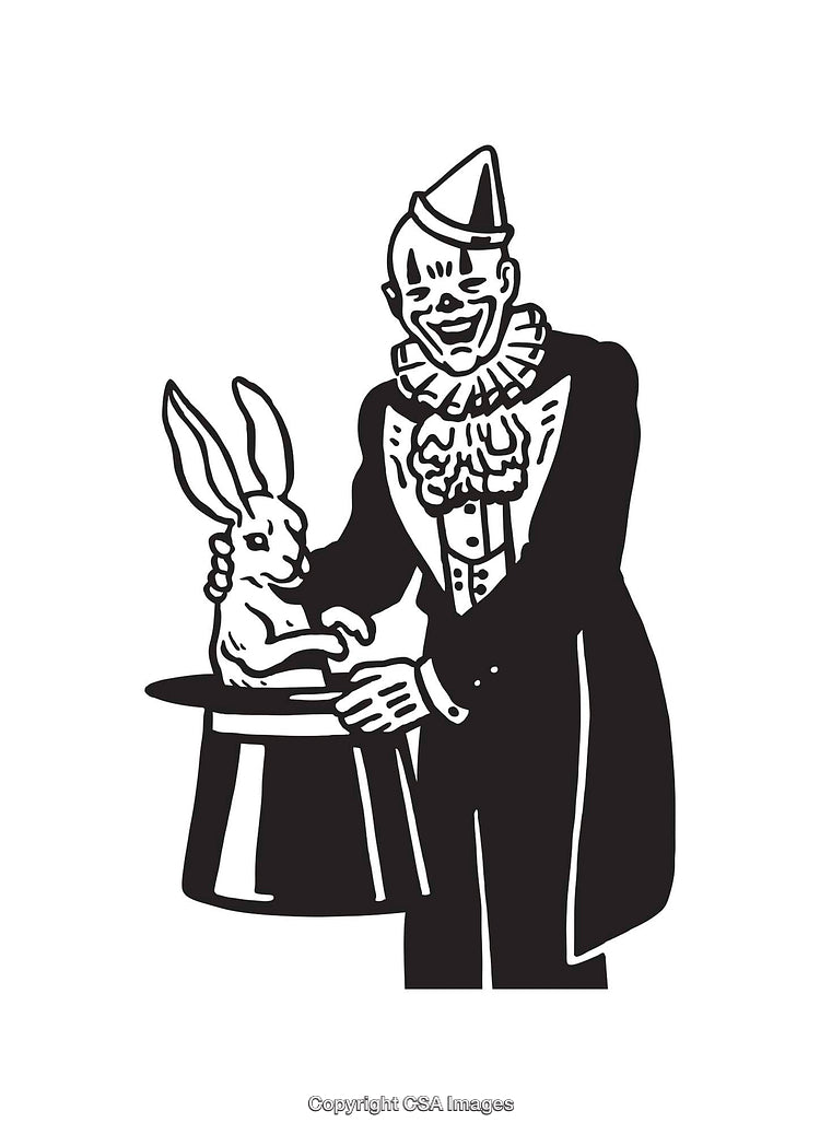 Vintage Illustration of a Clown and Magician Performing a Rabbit Trick