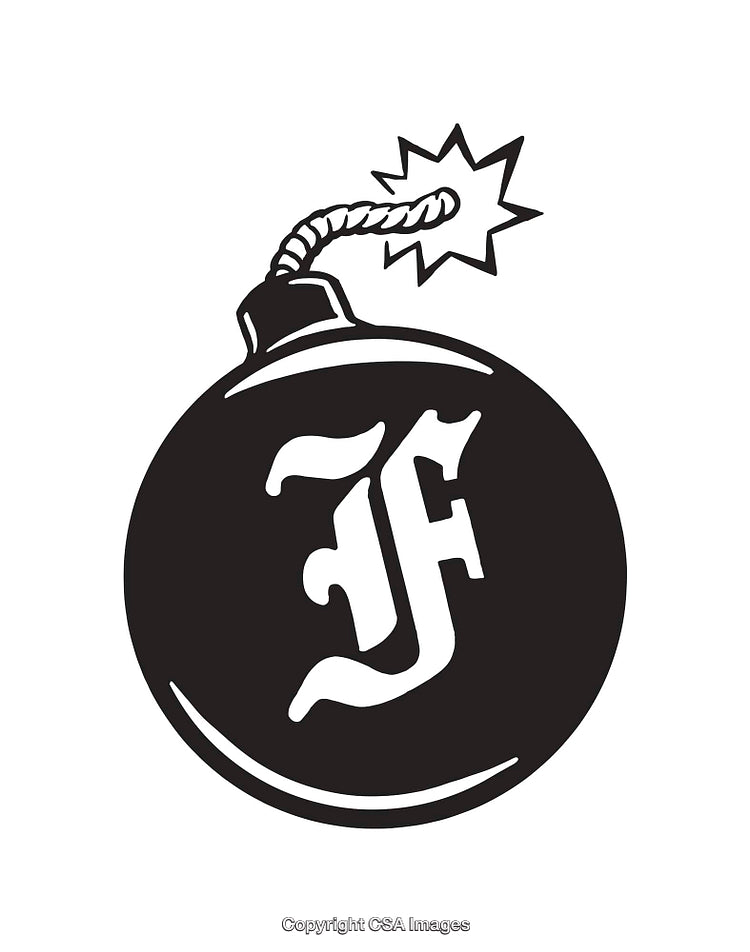 Black and White Line Art of a Cartoon Bomb With a Decorative Letter