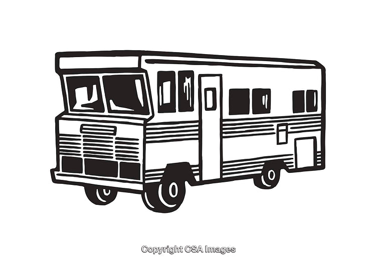 Black and White Line Art Illustration of a Recreational Vehicle