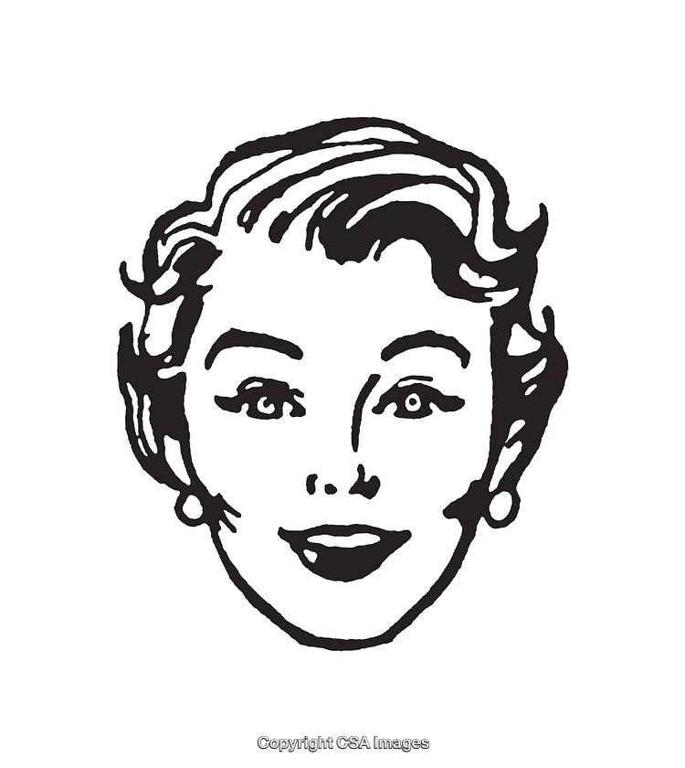 Retro Black and White Line Art Illustration of a Smiling Woman's Face