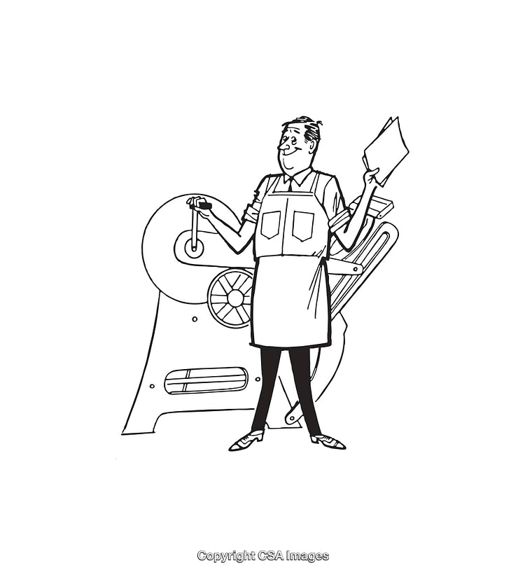 Man Operating Machine in Black and White Line Art Illustration
