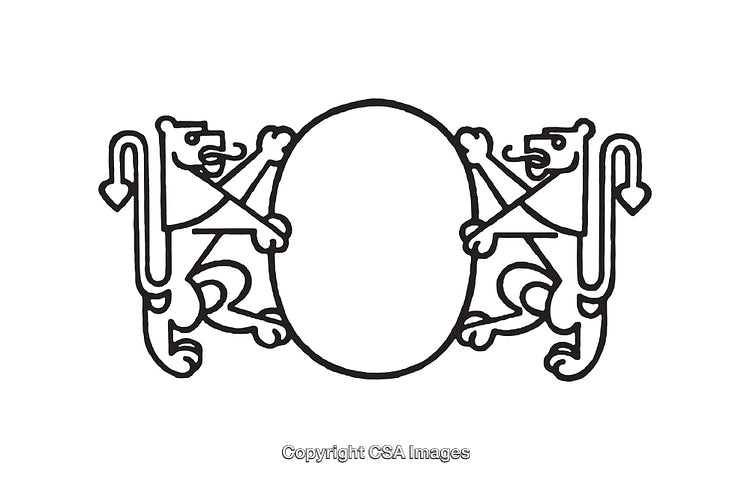 Black and White Line Art of Lions Holding an Oval Emblem