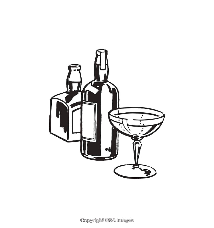 Sketch of Bottles and a Glass in Black and White Line Art