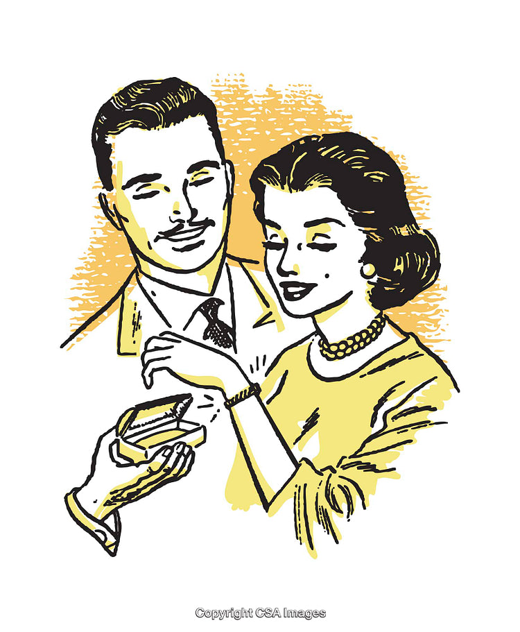 Retro Illustration of Couple With Jewelry Gift in Snappy Colors