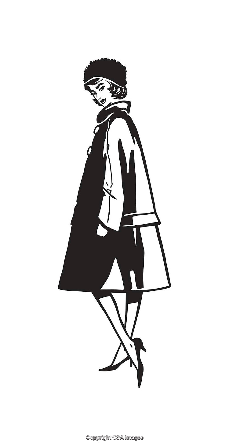 Elegant Black and White Illustration of a Fashionable Woman in Vintage Style