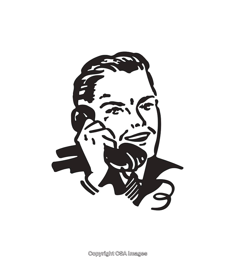 Retro Style Line Art of Smiling Man Using a Telephone