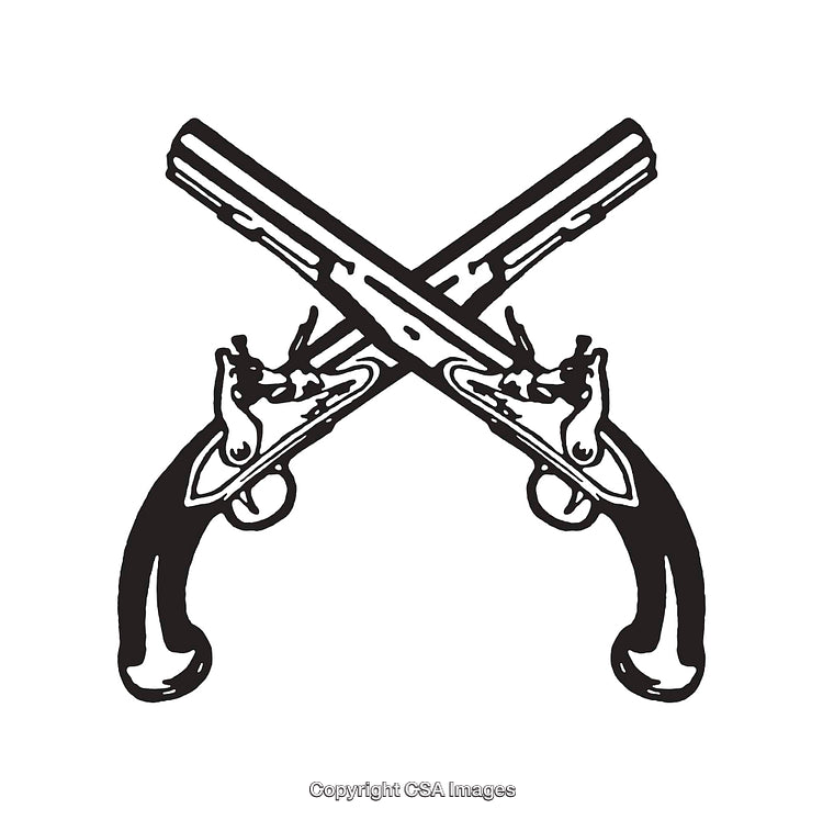 Black and White Line Art of Two Crossed Pistols in Minimalist Style
