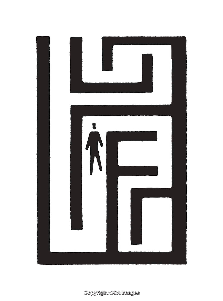 Minimalistic Black and White Maze Illustration with Human Silhouette