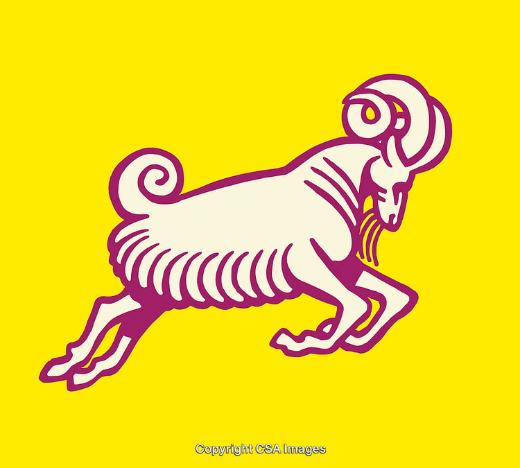 Stylized Ram Illustration with Yellow Background and Purple Accents in Bold Art