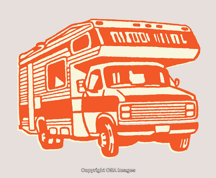 Retro Line Art Illustration of a Recreational Vehicle in Orange Tones