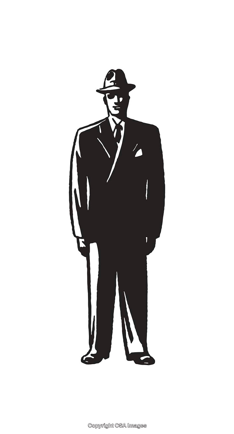 Vintage Black-and-White Illustration of a Suit-Clad Man in Line Art Style