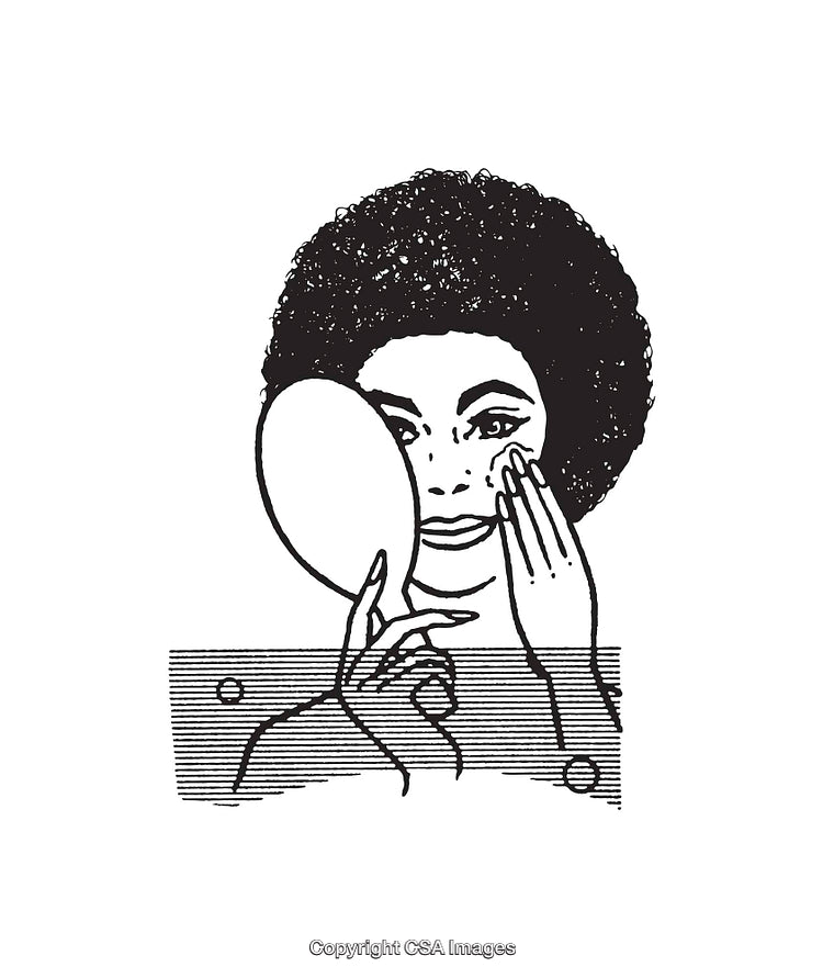 Black and White Line Art of Woman Applying Skincare in Mirror