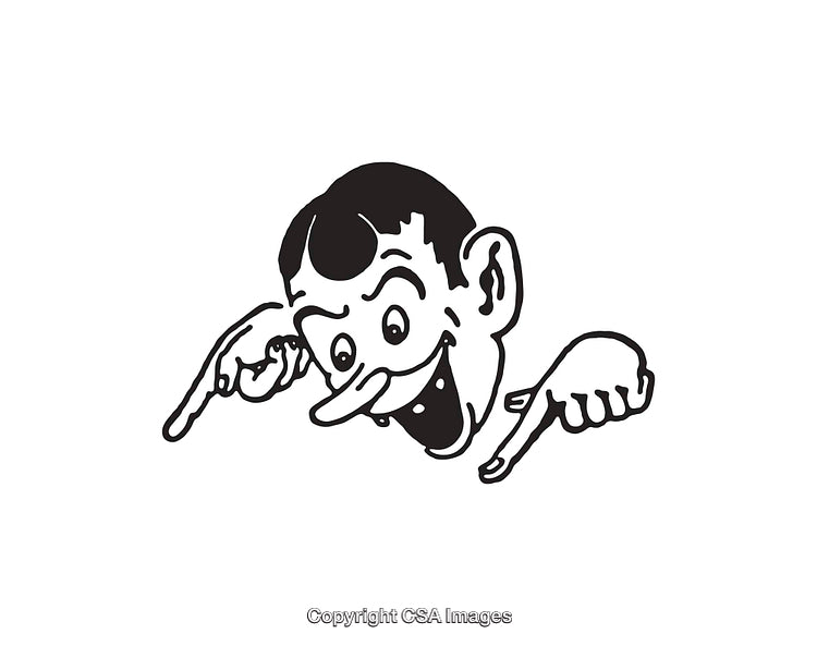 Whimsical Black-and-White Illustration of a Cheerful Character Pointing Downward