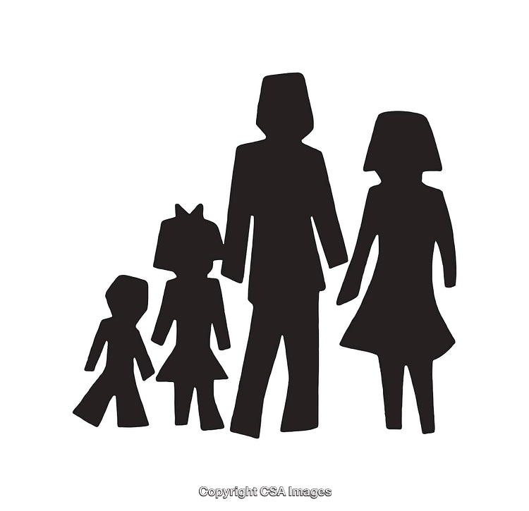 Silhouette of Four Family Members Holding Hands in Black and White