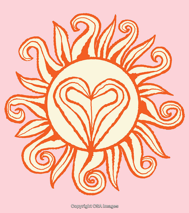 Bright and Colorful Sun with Heart-Shaped Center on Pink Background
