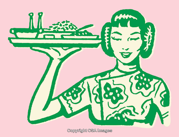 Vintage Illustration of a Woman Holding a Food Tray in Line Art Style