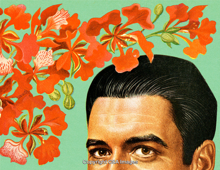 Surreal Floral Collage Featuring Vintage Portrait and Vibrant Red Blossoms
