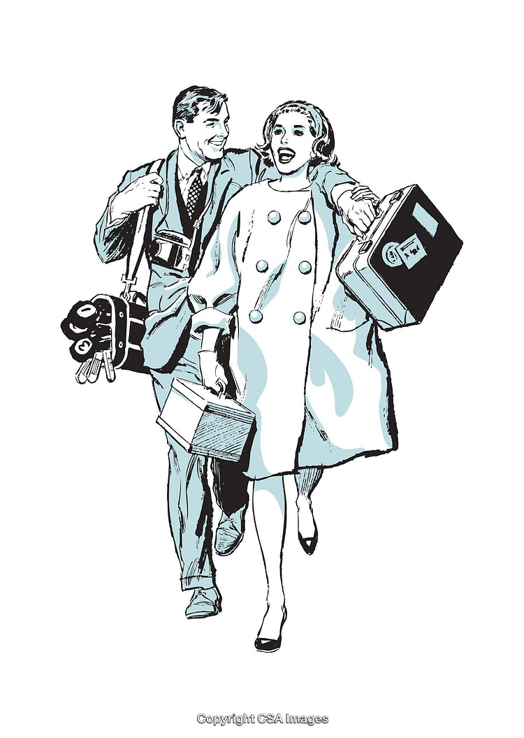 Retro Illustration of a Happy Traveling Couple Carrying Luggage