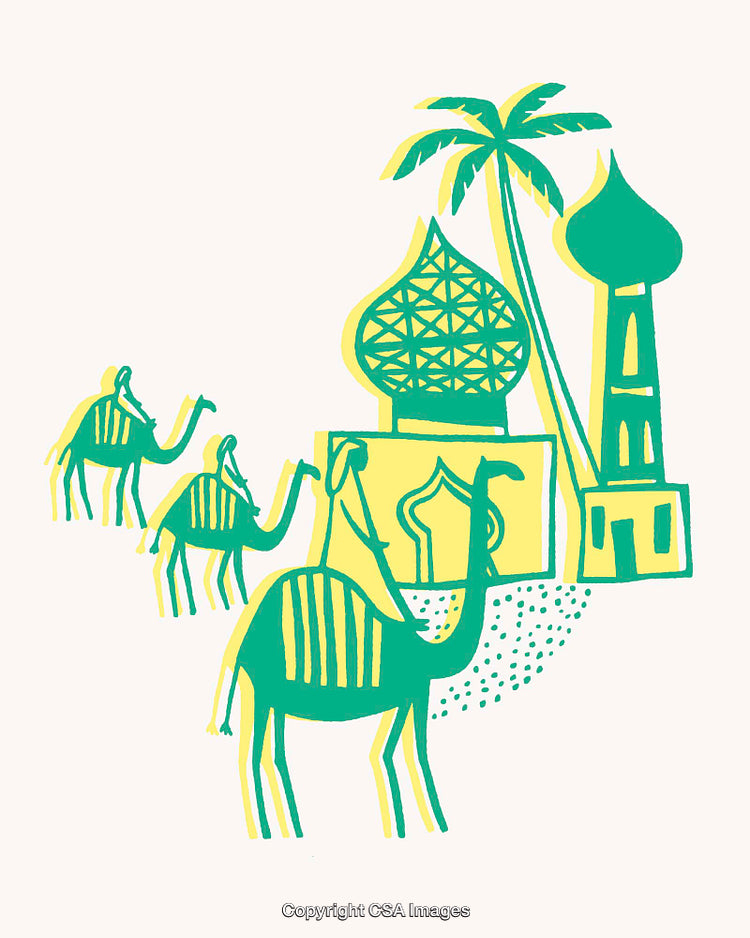 Colorful Line Art Illustration of Camels and Middle Eastern Architecture
