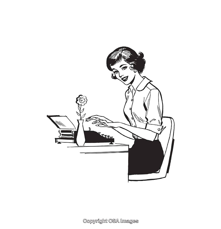 Vintage Woman Typing on a Typewriter in Black and White Line Art