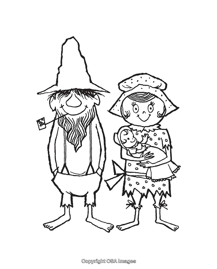 Black and White Illustration of a Family Depicted with Whimsical Line Art