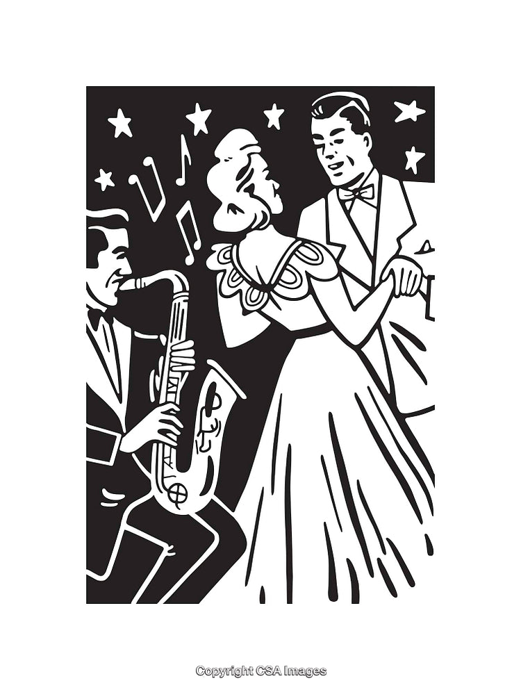 Elegant Dancing Couple With Live Saxophone Player Line Art Illustration