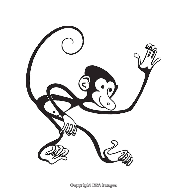 Playful Monkey Character in Black-and-White Line Art Style Illustration