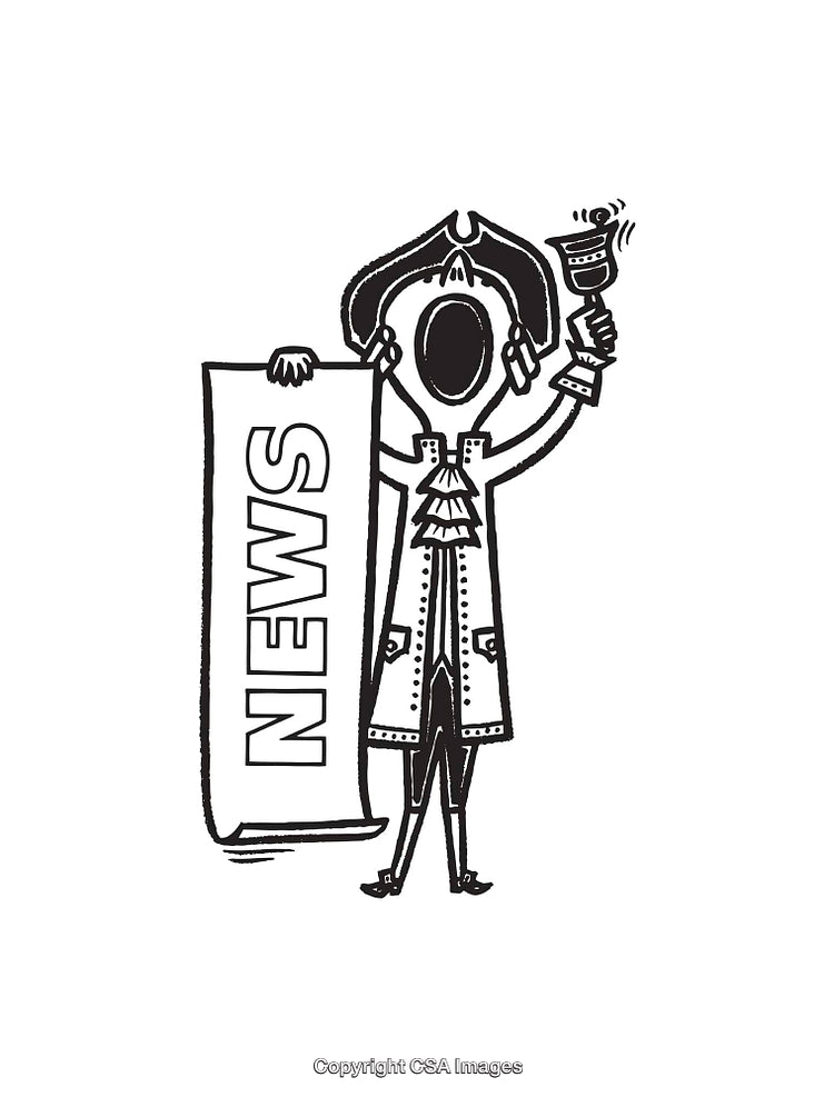 Town Crier Black and White Line Art Illustration Holding a News Scroll