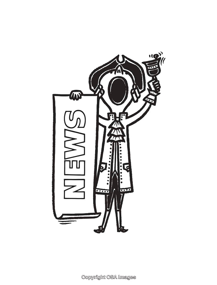 Town Crier Black and White Line Art Illustration Holding a News Scroll
