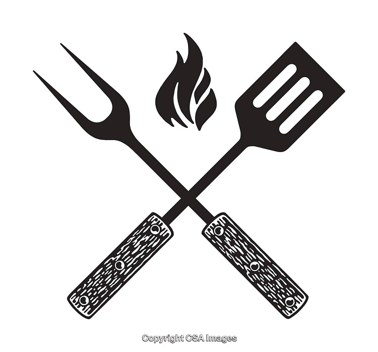Crossed Barbecue Utensils with Flame in Black and White Illustration