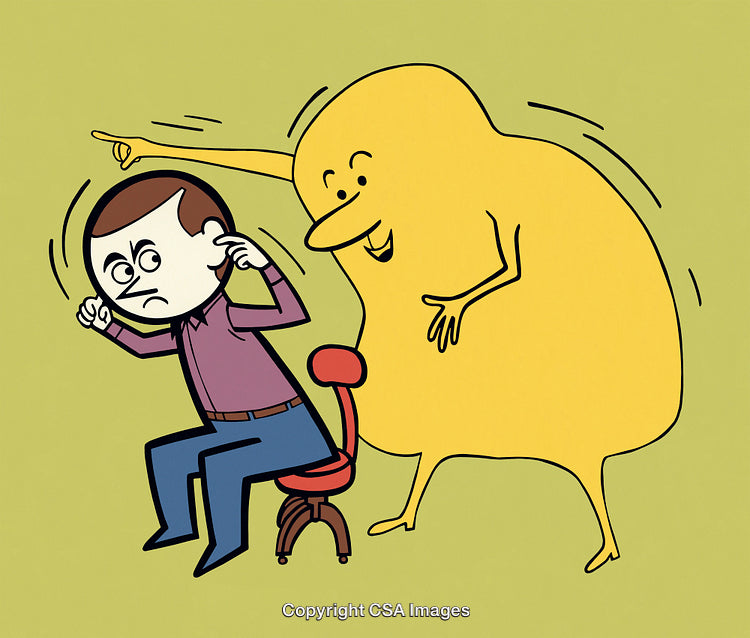 Playful Yellow Figure Teasing a Man Sitting on an Office Chair
