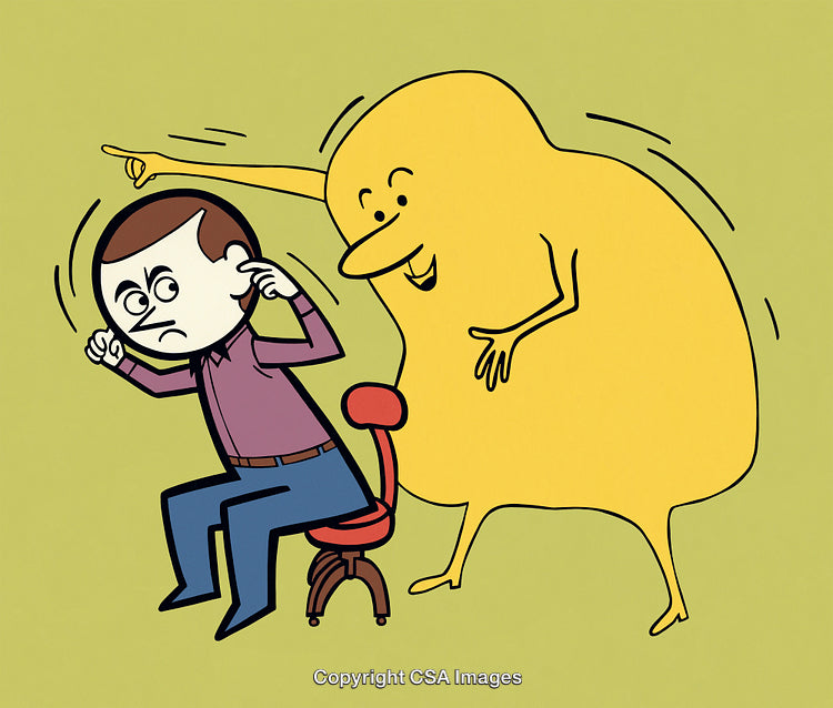 Playful Yellow Figure Teasing a Man Sitting on an Office Chair