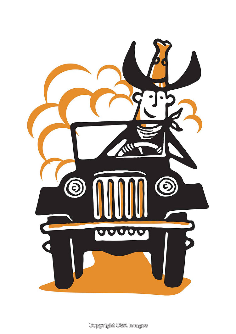 Cartoon Cowboy Driving Vehicle Through Dust Clouds