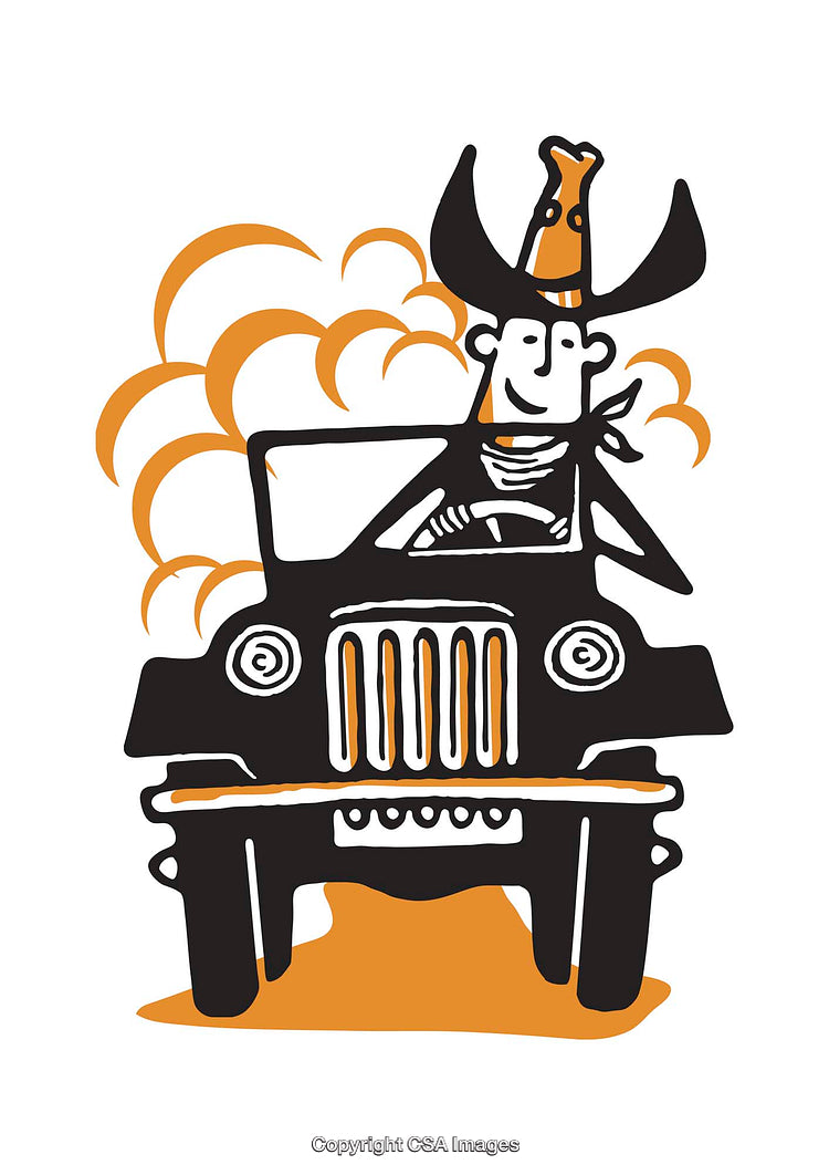 Cartoon Cowboy Driving Vehicle Through Dust Clouds