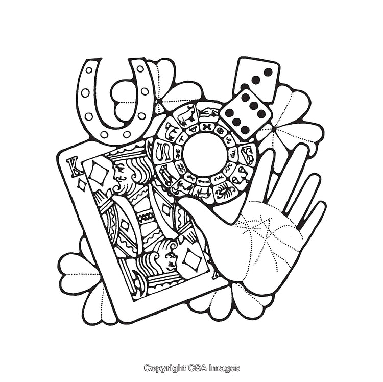 Black and White Line Art Featuring Symbols of Luck and Chance