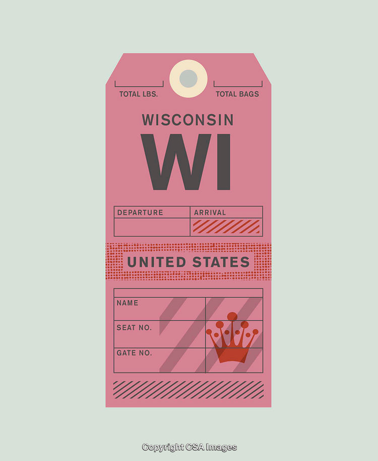 Vintage Travel Tag Featuring Wisconsin State Design in Pink Style