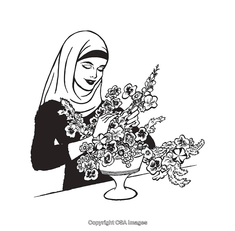 Black And White Illustration of Woman Arranging Floral Bouquet