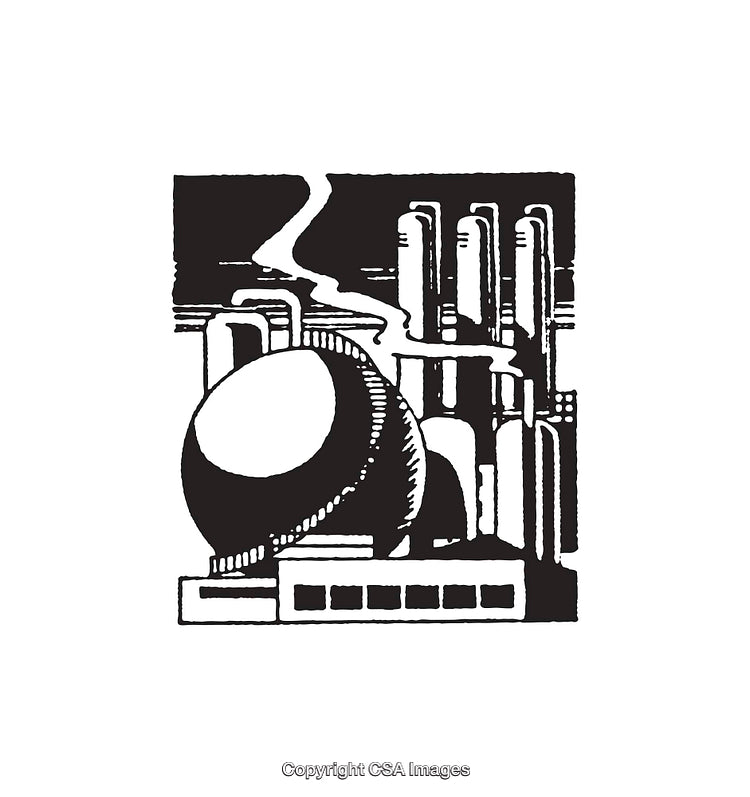 Industrial Plant Illustration With Domes and Smoke Stacks in Black Ink