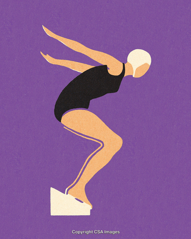 Stylized Illustration of a Swimmer Preparing to Dive on a Vibrant Background
