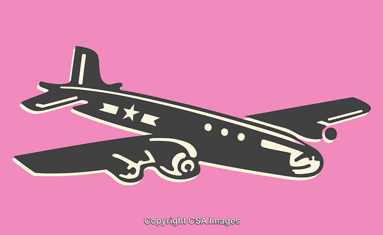 Retro Airplane Illustration on Vibrant Pink Background in Line Art Style